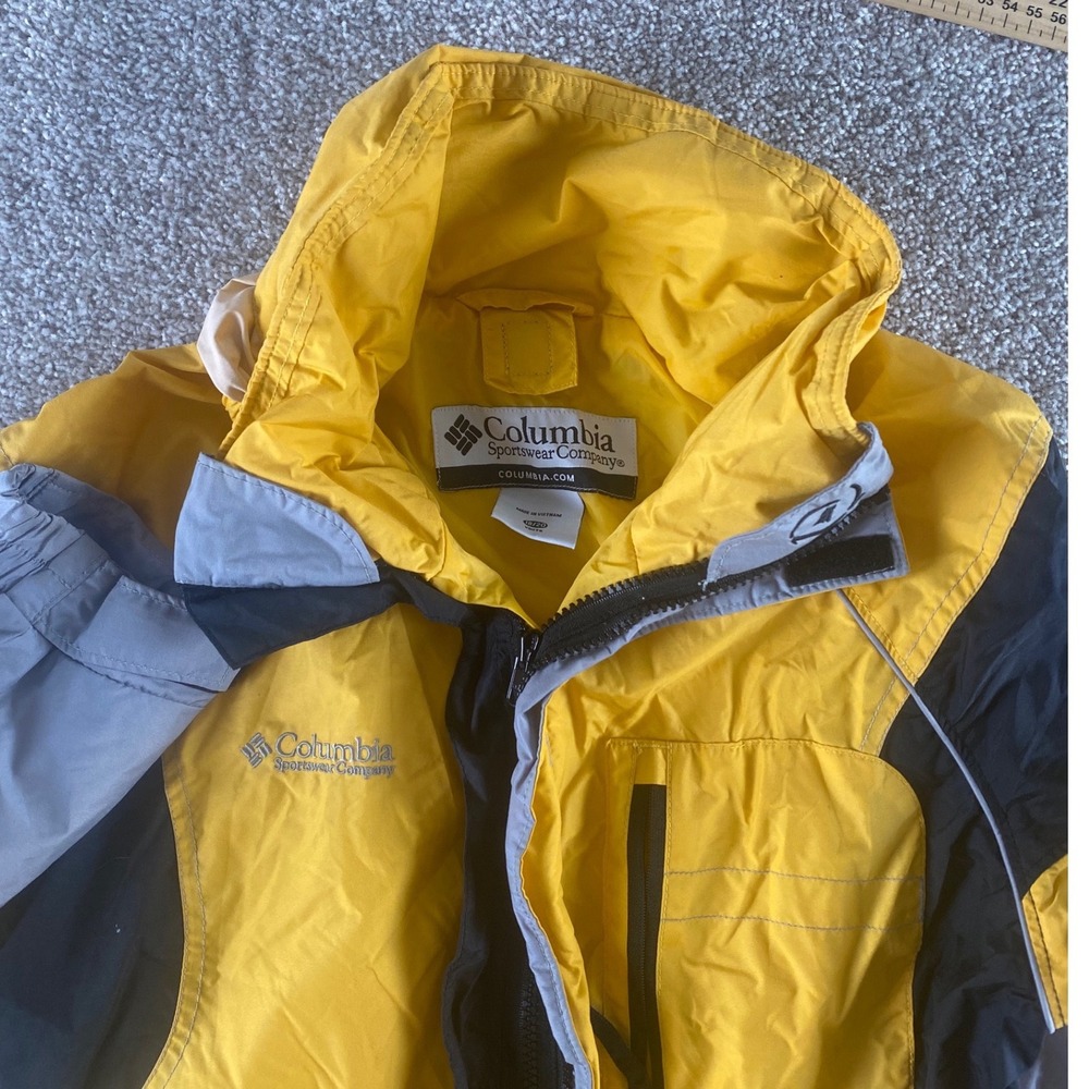 Columbia Youth Rain Jacket Yellow Black Gray Hooded Shell Warm Size 18/20 XL